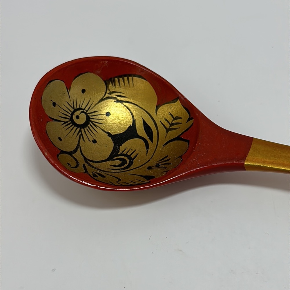 Vintage Khokhloma Russian Folk Art Painted Wooden Spoon Gold Red Lacquer Wood